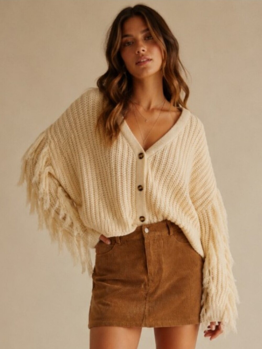 NWT Hayden Los Angeles M/L Cream Fringe Sleeve Chunky Knit Cardigan Boho Sweater